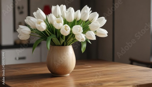 Bouquet of white tulip flowers with red accents in a vase on a modern wooden table, vase, modern decor, spring flowers