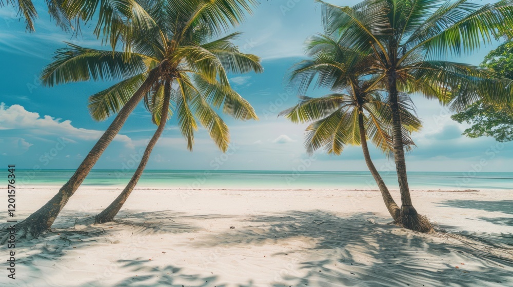Obraz premium Tropical beach paradise, palm trees, ocean view, sunny sky, vacation
