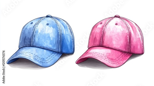 Two colorful baseball caps, one blue and one pink, displayed on a clean white background photo