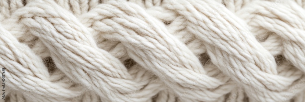 Close-up texture of white woolen yarn knitting pattern with braided design Close-up texture of white woolen yarn knitting pattern with braided design