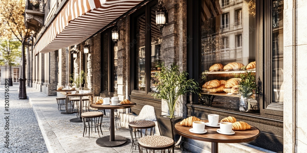 Naklejka premium Charming Outdoor Caf? with Fresh Pastries on a Sunny City Street
