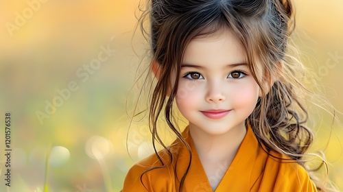 Adorable three-year-old girl with curly hair in an orange long robe, sitting outdoors in a sunny meadow, soft bokeh background, joyful and innocent expression, Ultra-Realistic, Photo Realistic, 