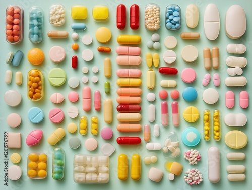 A diverse collection of brightly colored pills and capsules arranged neatly on a light surface, highlighting their unique shapes and colors photo