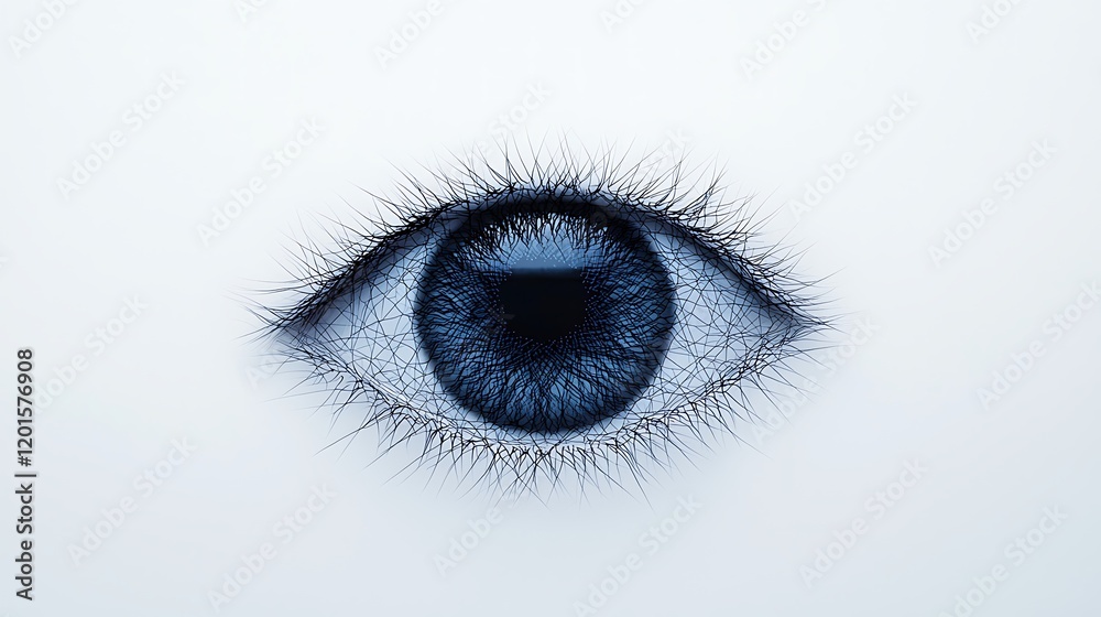 A close-up of a striking blue eye, detailed with fine lashes against a minimalistic white background. A close-up of a striking blue eye, detailed with fine lashes against a minimalistic white background.