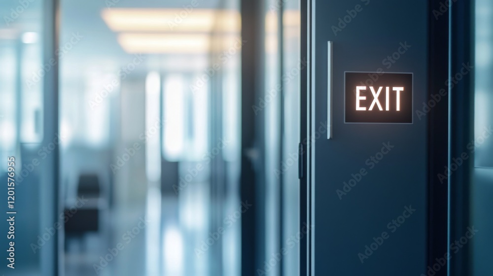 Open door with exit sign, symbolizing the freedom and opportunity to leave behind the past and embrace new beginnings, encouraging a sense of liberation and forward movement. Open door with exit sign, symbolizing the freedom and opportunity to leave behind the past and embrace new beginnings, encouraging a sense of liberation and forward movement.