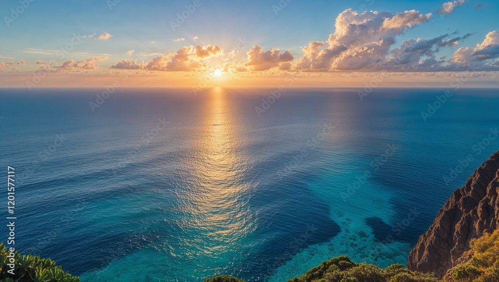 dawn's blue sunrise over the sea to the evening's orange sunset reflecting on the ocean waves, the sun paints the sky with beautiful light across the horizon dawn's blue sunrise over the sea to the evening's orange sunset reflecting on the ocean waves, the sun paints the sky with beautiful light across the horizon