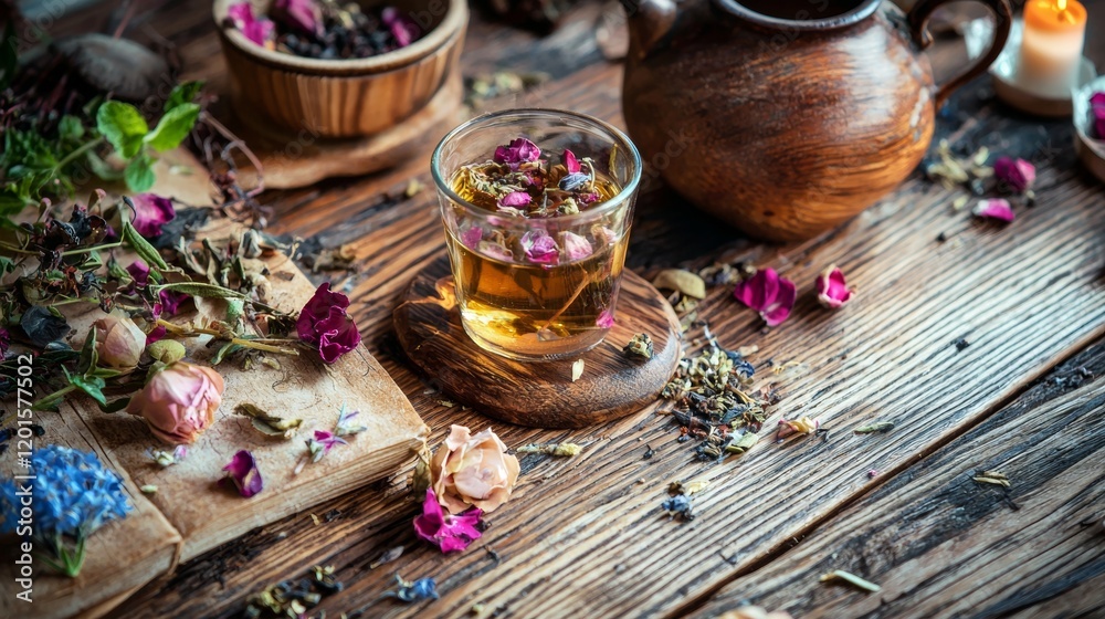 Tea and herbs on a rustic wooden table Tea and herbs on a rustic wooden table