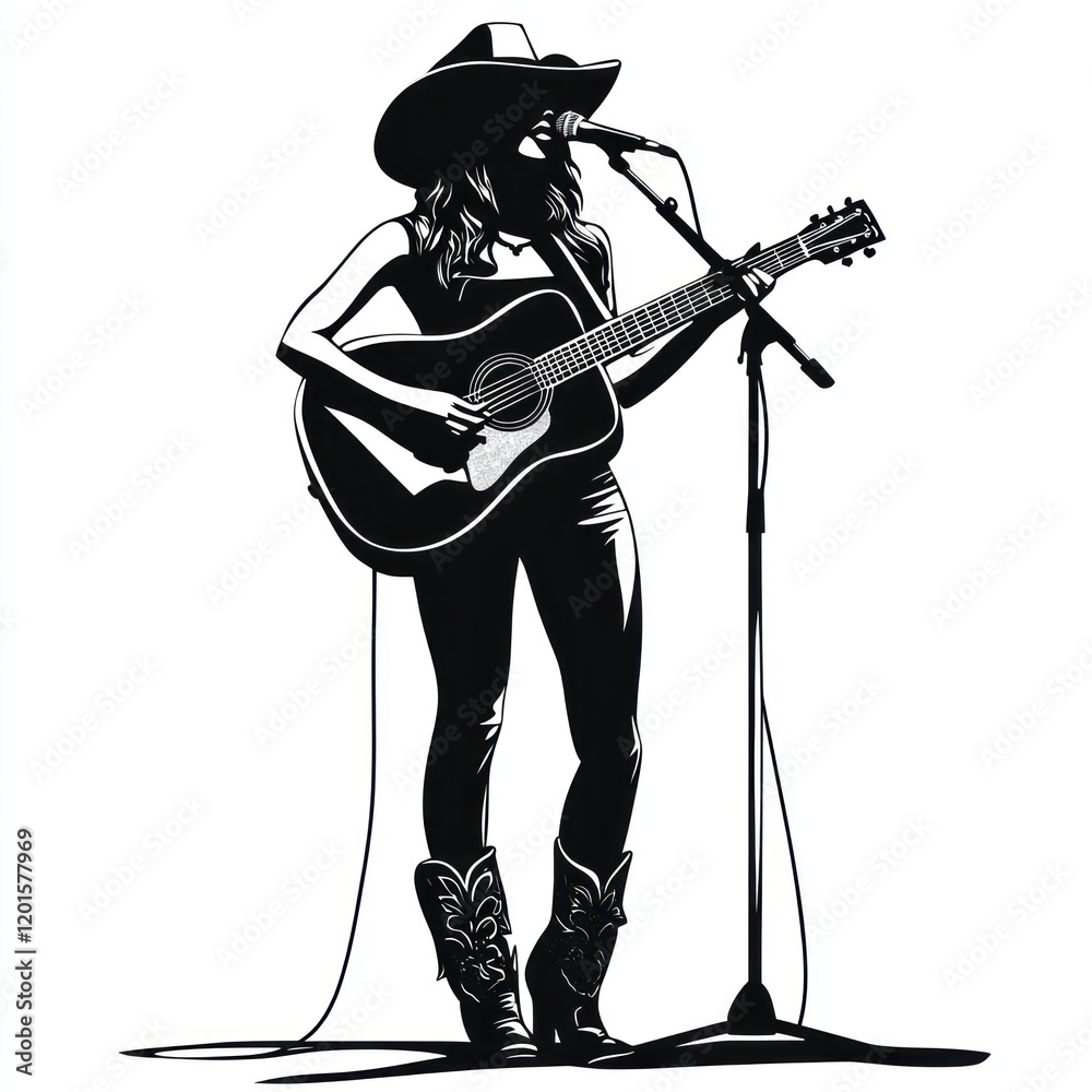Fototapeta premium Cowgirl singing, guitar, stage, spotlight, country music poster.