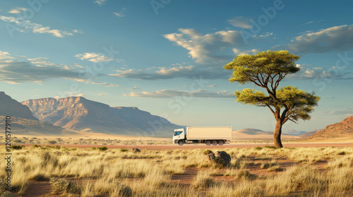 Truck driving past solitary tree in vast desert
