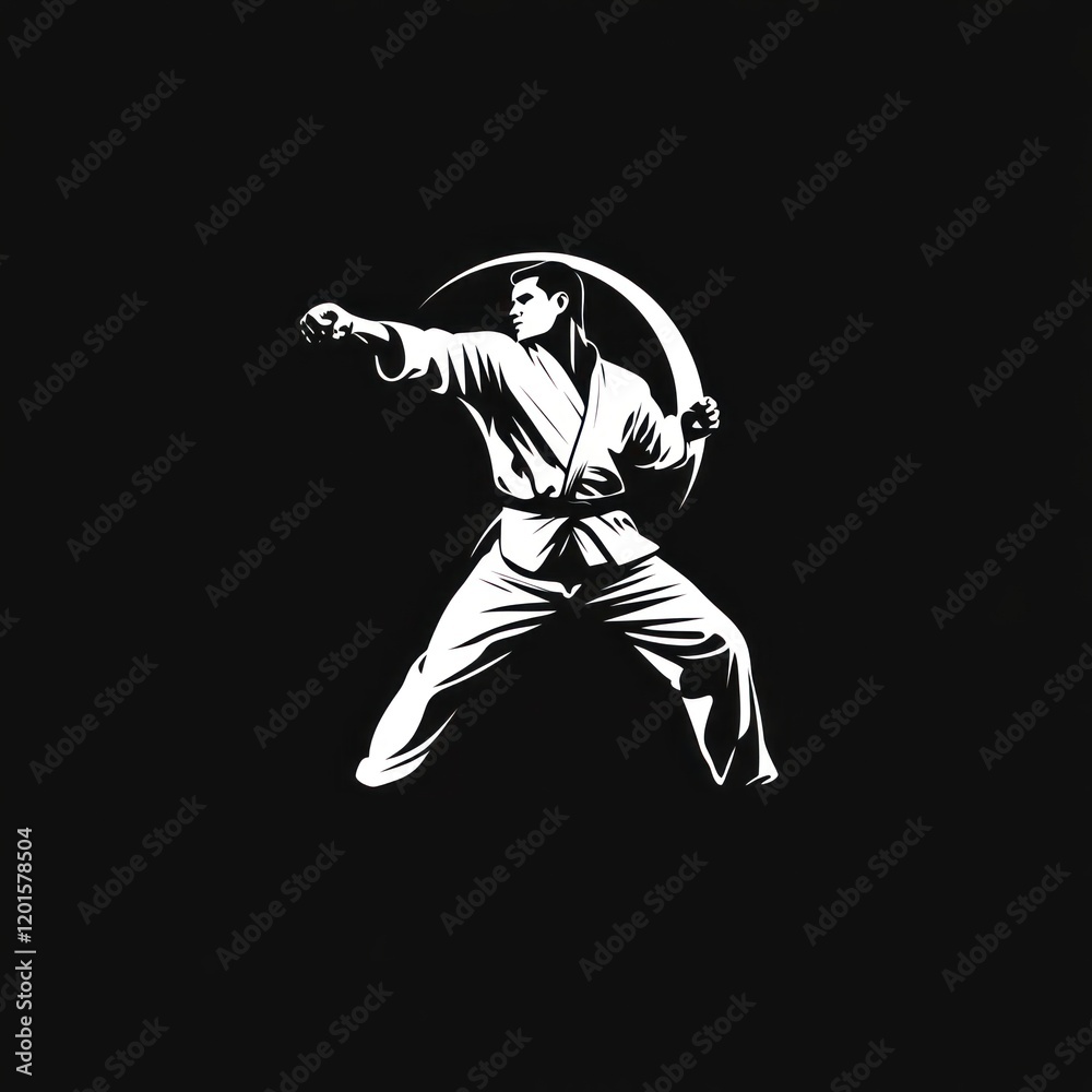 Martial artist striking, dark background, logo design. Martial artist striking, dark background, logo design.