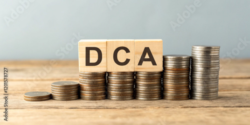 DCA Word on a Wooden Cube Resting on Coins Representing Investment Ideas photo