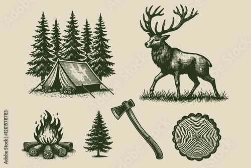 Rustic outdoor elements in bold black-and-white vintage vector engraving