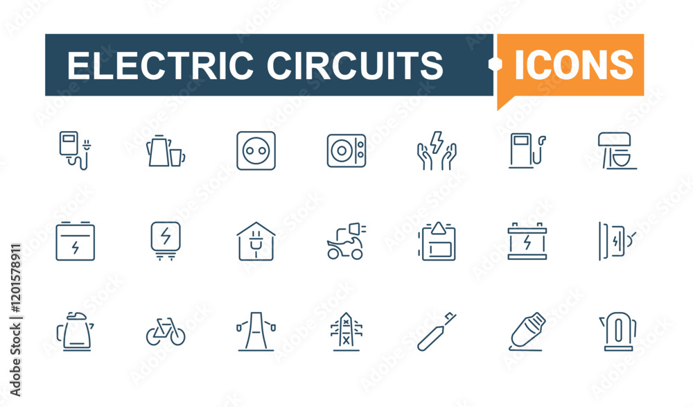 Electric Circuits icon set. Containing meter, solar, battery, nuclear, ui, renewable and more. Isolated icons design. Editable stroke. Vector illustration.
