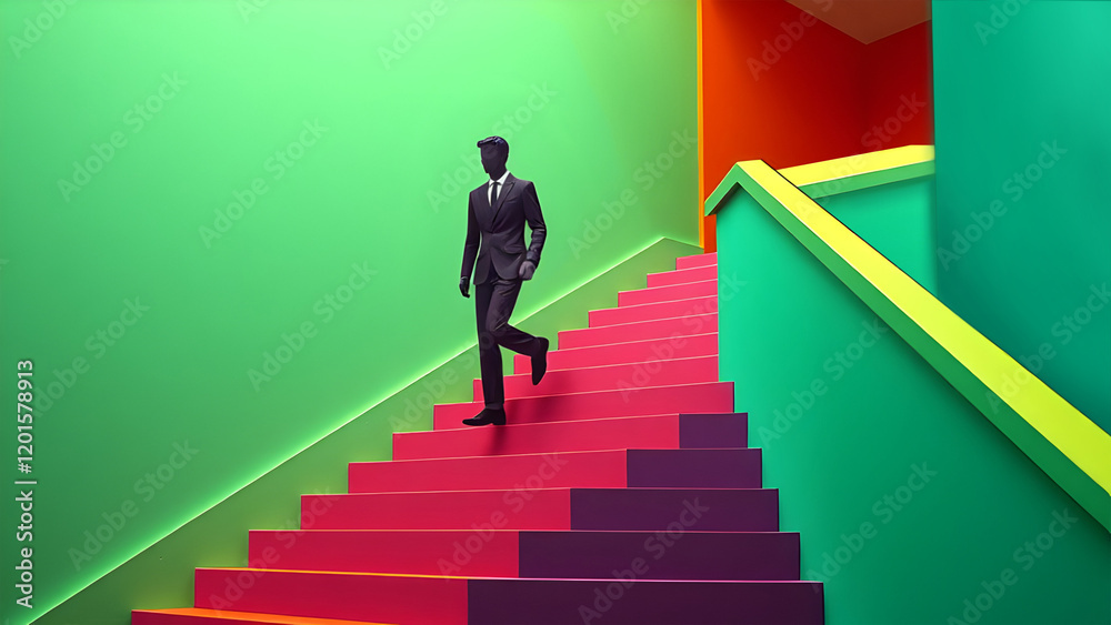 Well dressed man descending staircase. Vivid colored construction paper cutout style. 2D 16:9 Well dressed man descending staircase. Vivid colored construction paper cutout style. 2D 16:9