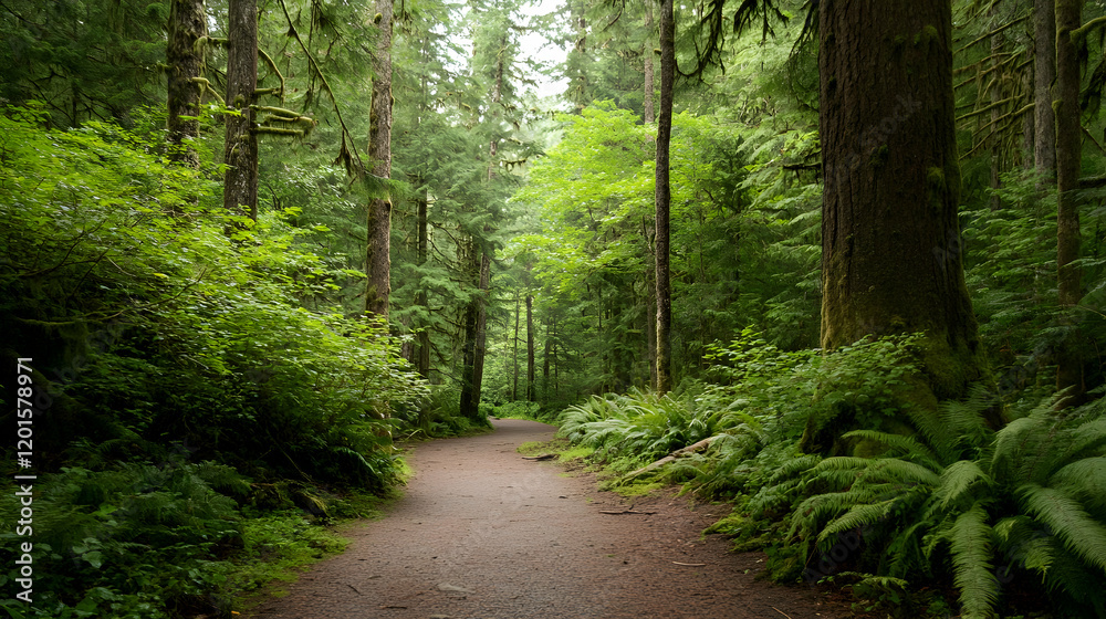Obraz premium Serene forest path winding through lush greenery, sunlight filtering through canopy, ideal for hiking or nature travel
