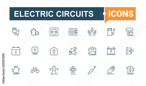 Electric Circuits icon set. Containing meter, solar, battery, nuclear, ui, renewable and more. Isolated icons design. Editable stroke. Vector illustration.