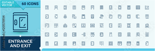 Entrance And Exit linear icon collection. Featuring open, login, logout, approach, man, safety and more. Minimal icons. Editable vector stroke.