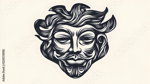 Serene stylized male face, detailed line art, minimalist background, ideal for branding or tattoo design