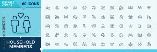 Household Members icon set. Includes icons for son, father, diversity, child, mother, parent, person and more. Set of line pictogram. Editable stroke. Vector illustration.