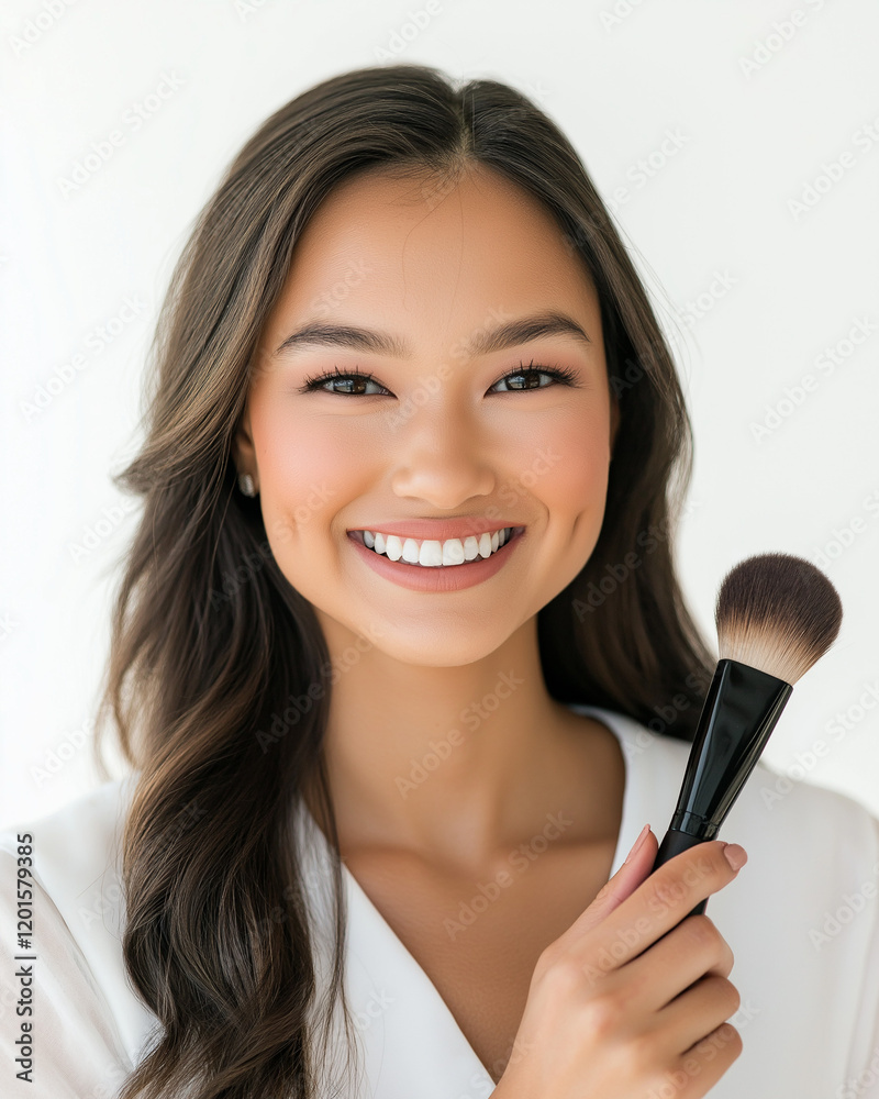 Smiling woman holding makeup brush with natural glow Smiling woman holding makeup brush with natural glow