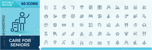Care for Seniors icon set. Containing ageing, person, grandmother, vision, elderly, older, nursing home and more. Outline icon. Editable stroke. Vector illustration.
