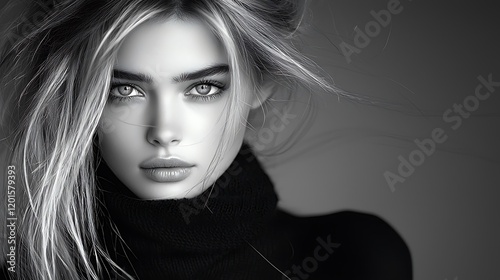 Modern close-up black and white photo of a young woman, intense gaze, soft textures in the background, ISO400, ultra-realistic, photo realistic, highly detailed,  photo