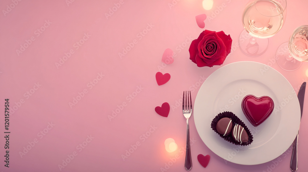 Fototapeta premium A beautifully arranged Valentine's Day table featuring a red rose, silver cutlery, wine glasses, and a heart-shaped box of chocolates, set against a pink backdrop with soft bokeh lights. This romantic