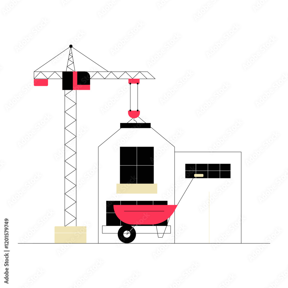 Building Under Construction With Tower Crane And Wheelbarrow In Flat Vector Illustration Symbolizing Construction Work, Urban Development, And Building Projects, Isolated On White Background