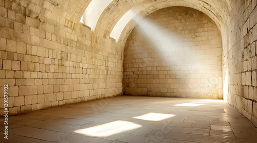 Sunbeam in ancient stone chamber, arched ceiling, historical building interior, background texture photo