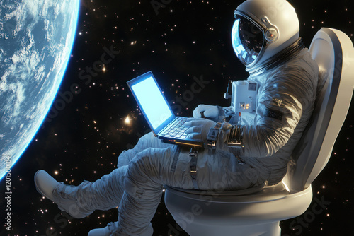 Tranquil astronaut on a floating toilet with laptop.