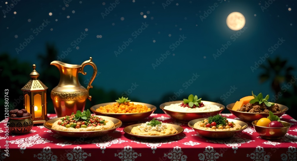 Fototapeta premium Festive table with the moon in the background. On the table are several plates with food, including a variety of vegetables and meat. The table is set for a traditional Ramadan iftar