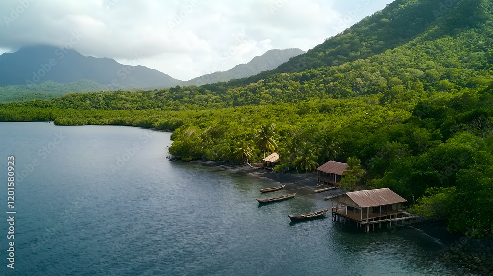 Obraz premium Tropical bay, stilt houses, fishing boats, lush mountains. Perfect for travel brochures