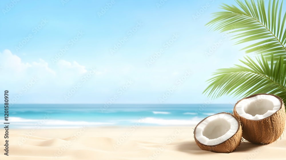 Tropical beach scene with two halves of coconut on sandy shore; ocean and palm leaves in background; ideal for travel, vacation, or food advertising Tropical beach scene with two halves of coconut on sandy shore; ocean and palm leaves in background; ideal for travel, vacation, or food advertising