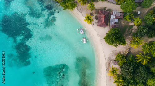Tropical beach aerial view two boats on turquoise water, white sand, palm trees, rustic house. Perfect for travel brochures