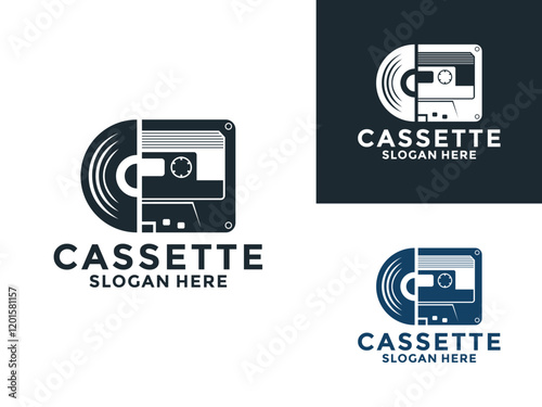 Cassette tape combination with Cassette Disc logo vector illustration. Simple vintage music logo template