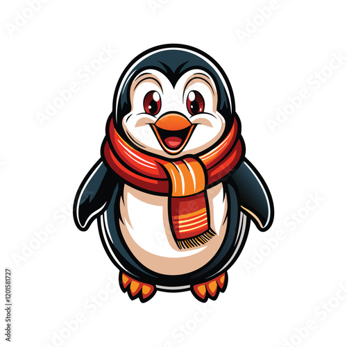 A cartoon penguin wearing a bright, colorful scarf, with a playful and mischievous expression on its face, looking directly at the viewer.