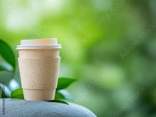 Eco friendly coffee served in bamboo cup, surrounded by greenery, evokes sense of sustainability and nature. Perfect for coffee lovers who appreciate environment photo