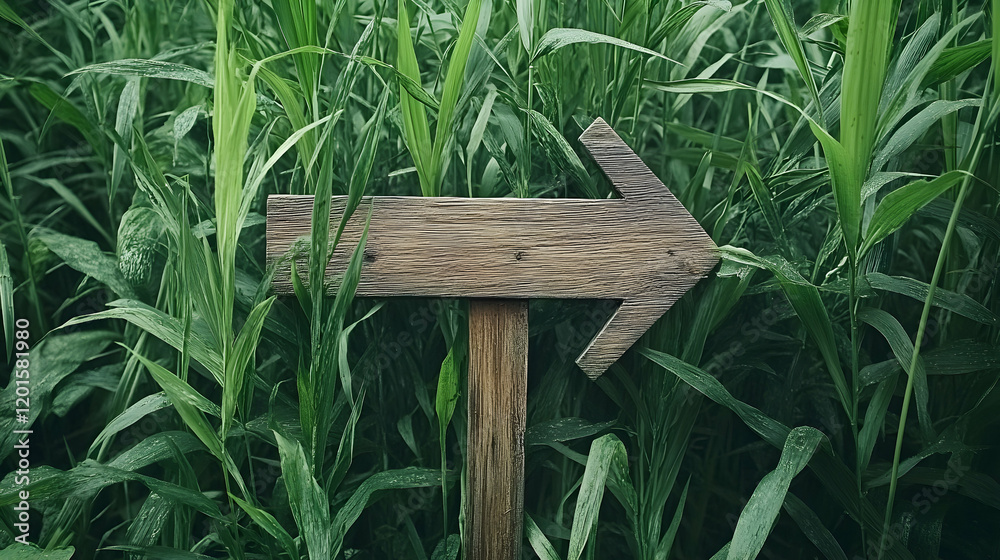 Obraz premium Wooden arrow sign pointing left in lush green grass field; nature guidepost; path direction