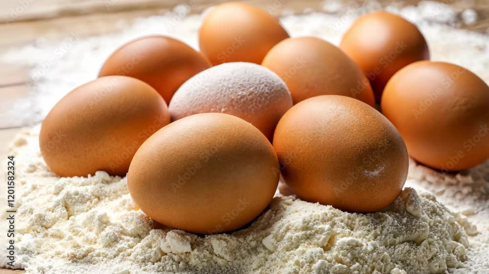 Classic baking concept with brown eggs lying in the flour on wooden table Classic baking concept with brown eggs lying in the flour on wooden table