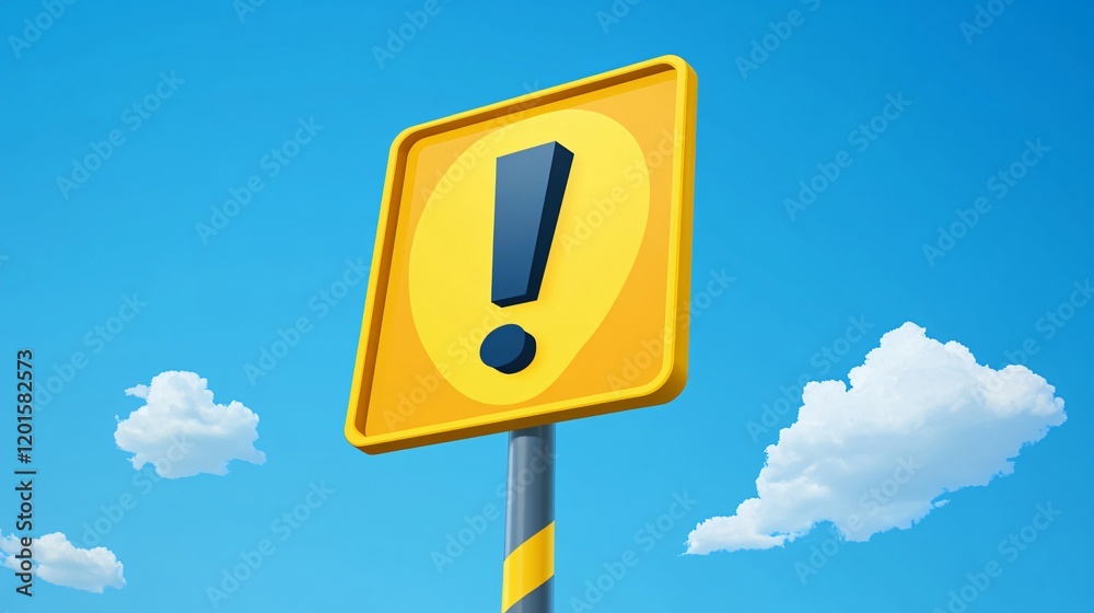 Vibrant Yellow Exclamation Signal Against Clear Blue Sky Background