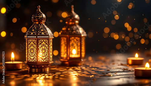 Golden Lanterns Glowing with Candlelight for Ramadan photo