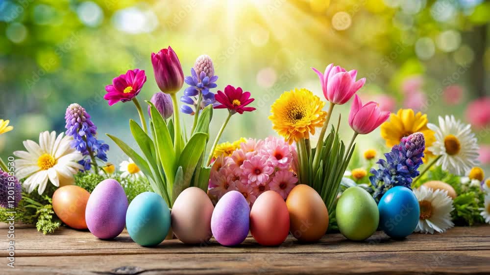 Festive colorful Easter eggs and spring flowers on wooden surface with blurred spring bokeh background with sun rays and light
Festive colorful Easter eggs and spring flowers on wooden surface with blurred spring bokeh background with sun rays and light