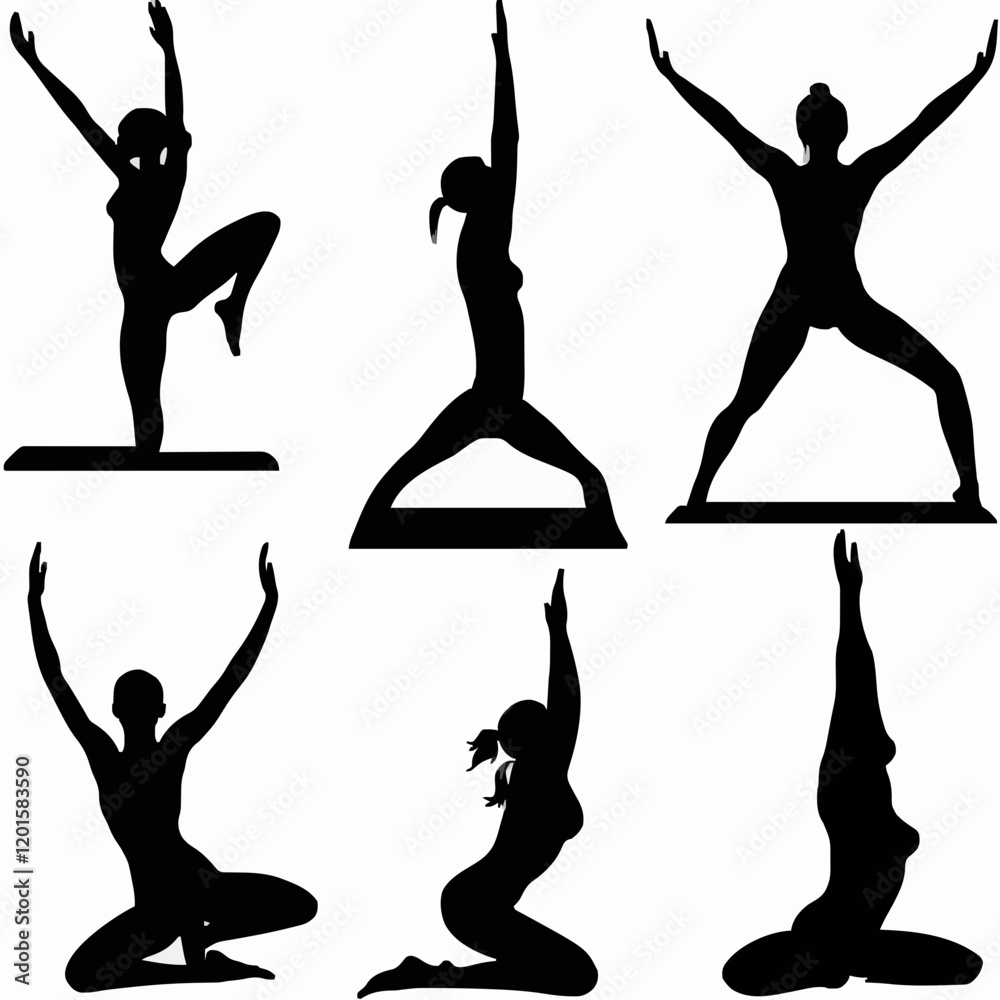 Simple Black Silhouettes of 10 Humans Performing Various Sports on a White Background