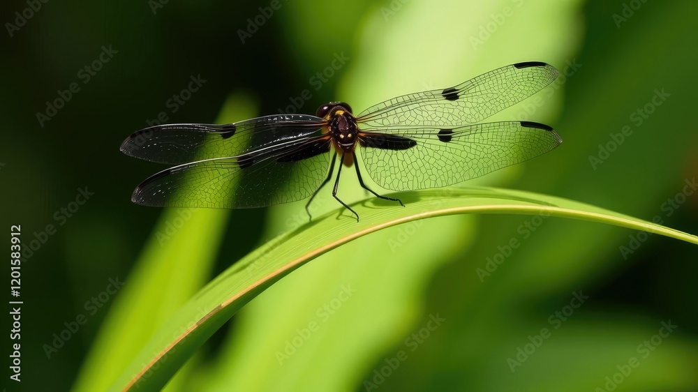 Black and yellow dragonfly resting on a curved leaf, macro photography, black Black and yellow dragonfly resting on a curved leaf, macro photography, black