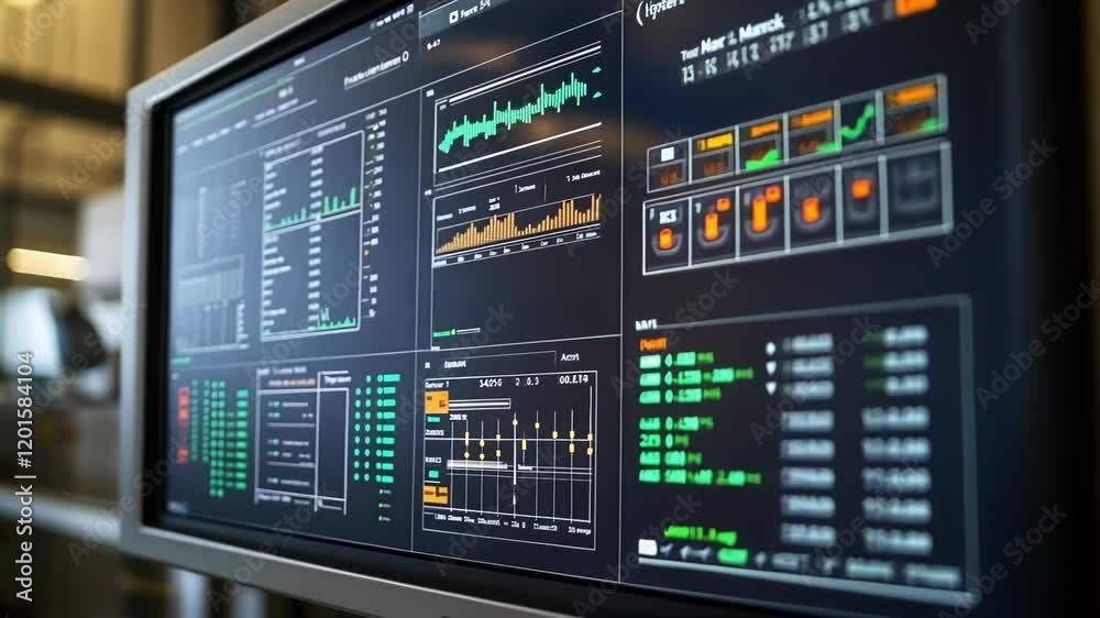 Factory digital dashboard displaying real time information from production line sensors, providing engineers with insights into performance and efficiency