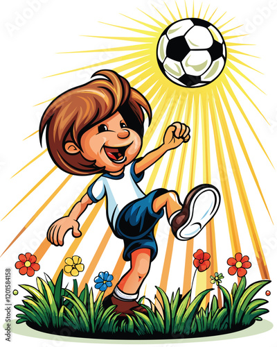 Design a vector illustration depicting a young child, with an energetic pose, kicking a soccer ball towards the viewer.