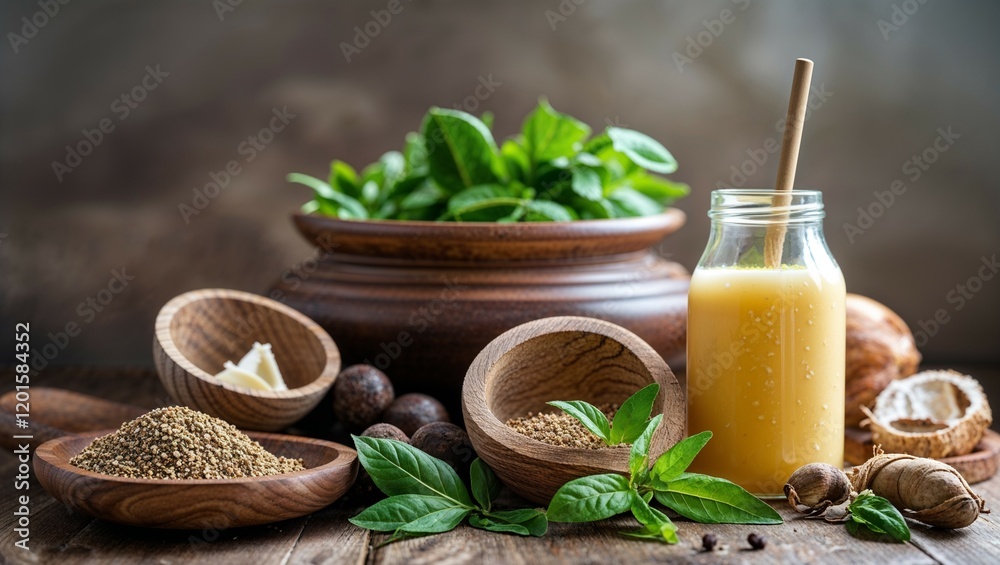 Fresh basil, garlic, and parsley leaves in a wooden bowl with olive oil and peppercorns, key ingredients for making a healthy and flavorful vegetarian pesto sauce Fresh basil, garlic, and parsley leaves in a wooden bowl with olive oil and peppercorns, key ingredients for making a healthy and flavorful vegetarian pesto sauce
