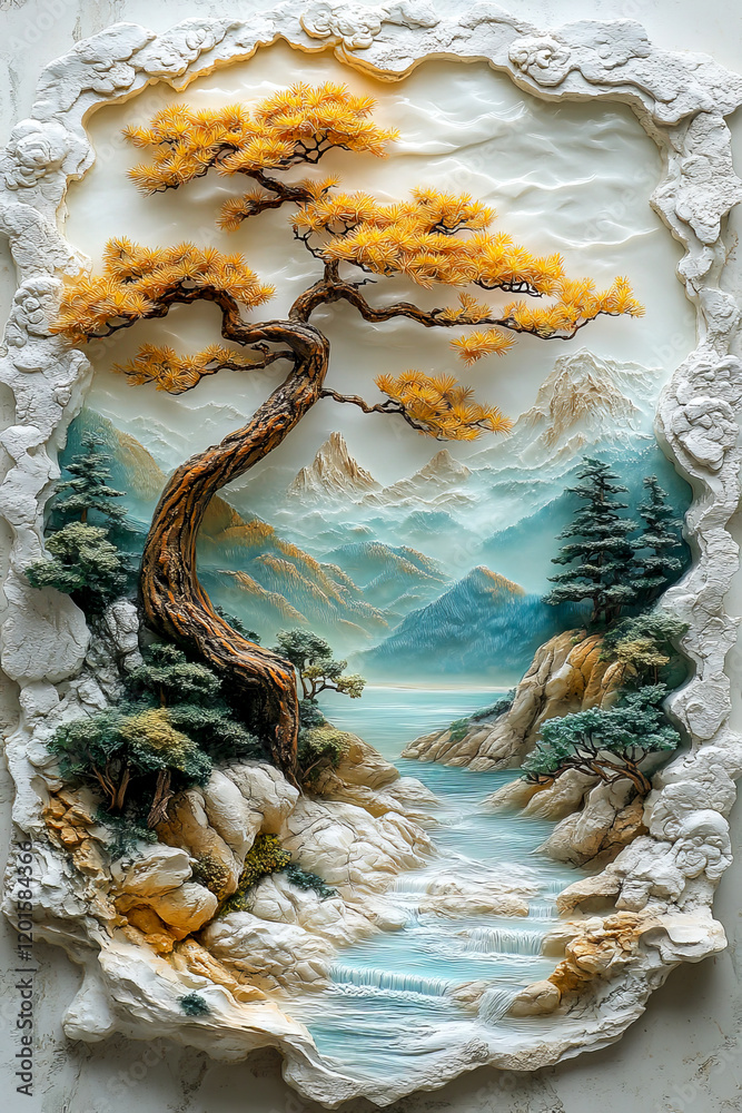 Fototapeta premium Intricate 3D relief artwork featuring a serene mountain landscape with a golden tree, flowing river, and rugged textures.