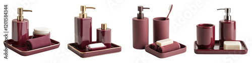 Sleek and sophisticated burgundy bathroom accessories with gold metallic accents including soap dispenser toothbrush holder tray and other modern decor items arranged in a minimalist photo