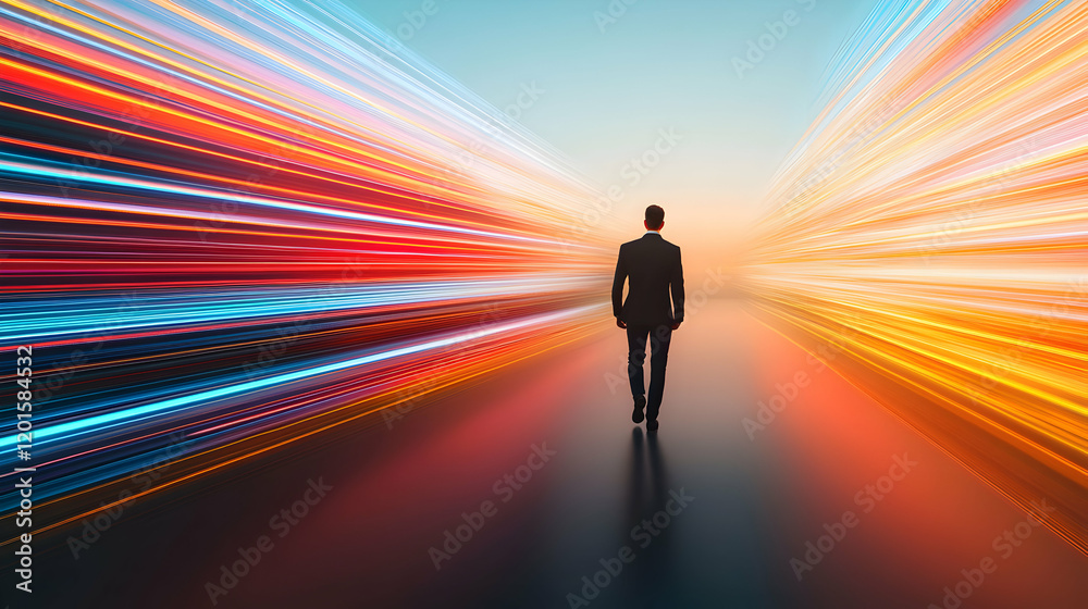 Business professional walking towards success futuristic city dynamic image vibrant colors perspective view ambition and growth Business professional walking towards success futuristic city dynamic image vibrant colors perspective view ambition and growth